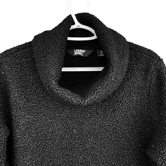 LANDS’ END Black Sherpa Cowl Turtle Neck Pullover Hands Pockets Sweater Medium - Picture 3 of 8